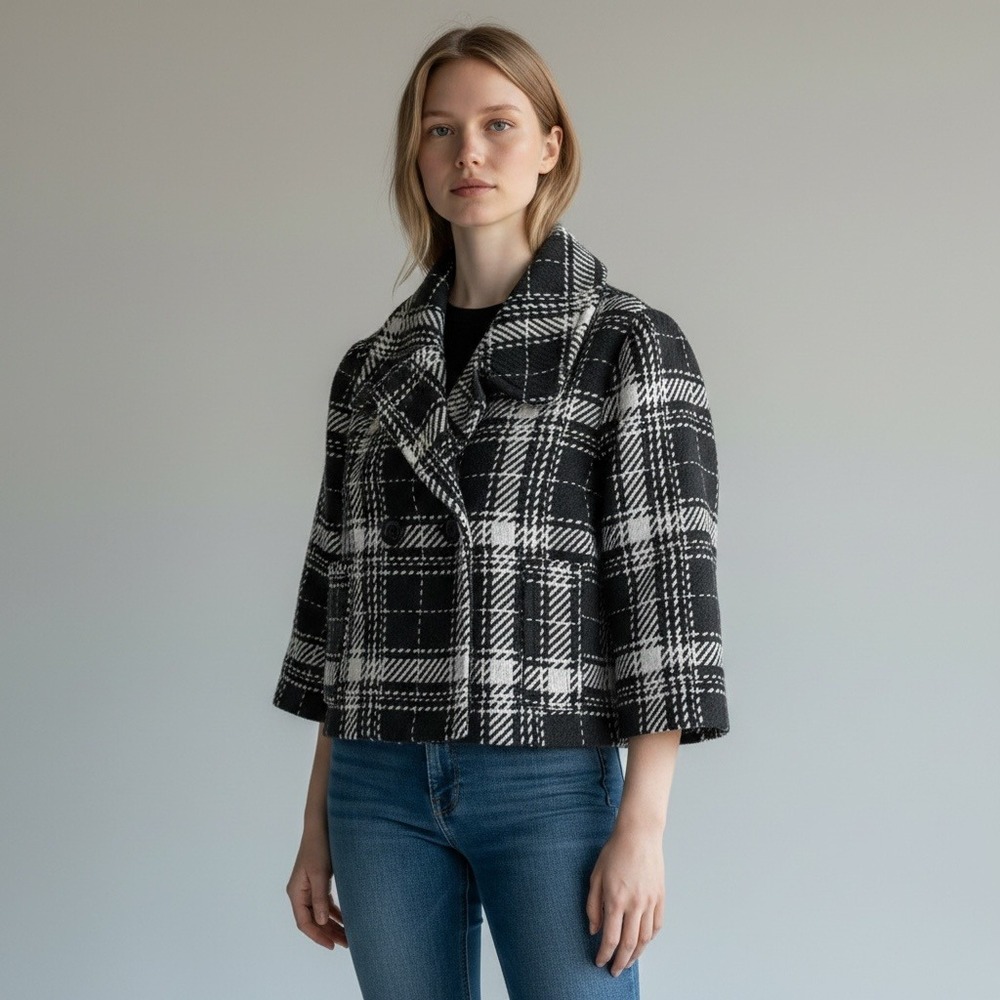 2008 Willi Smith Peacoat S Black Cream NWT Plaid Wool Blend Double Breasted